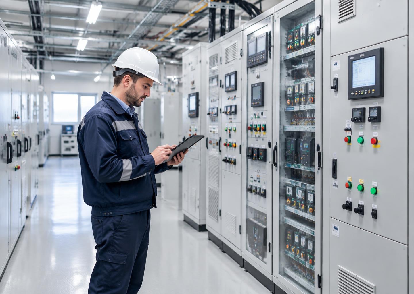 Ingeniero revisando tableros de control en planta industrial